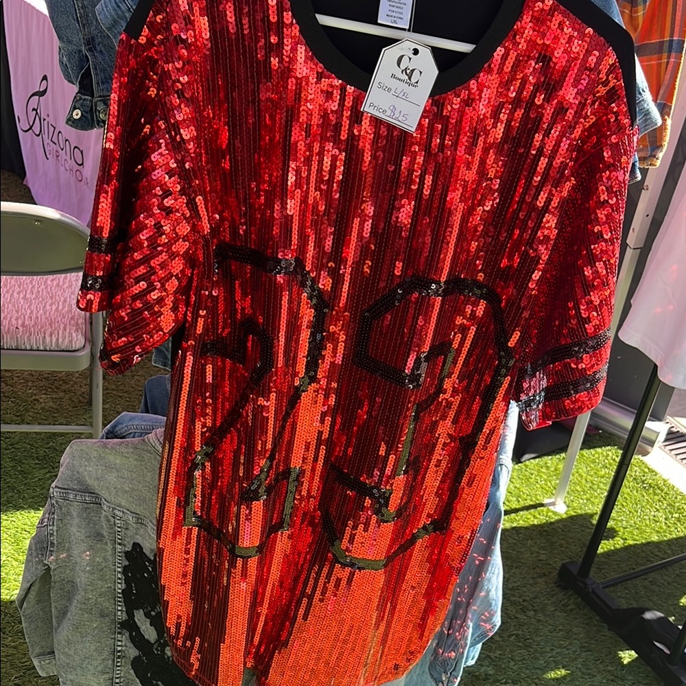 Red Jersey Dress with Sparkly Sequins and Loose Fit